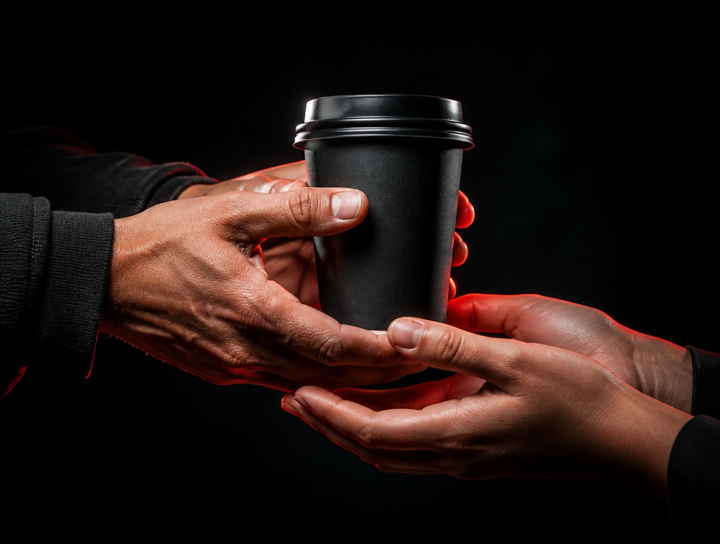 A coffee being handed from one person to another