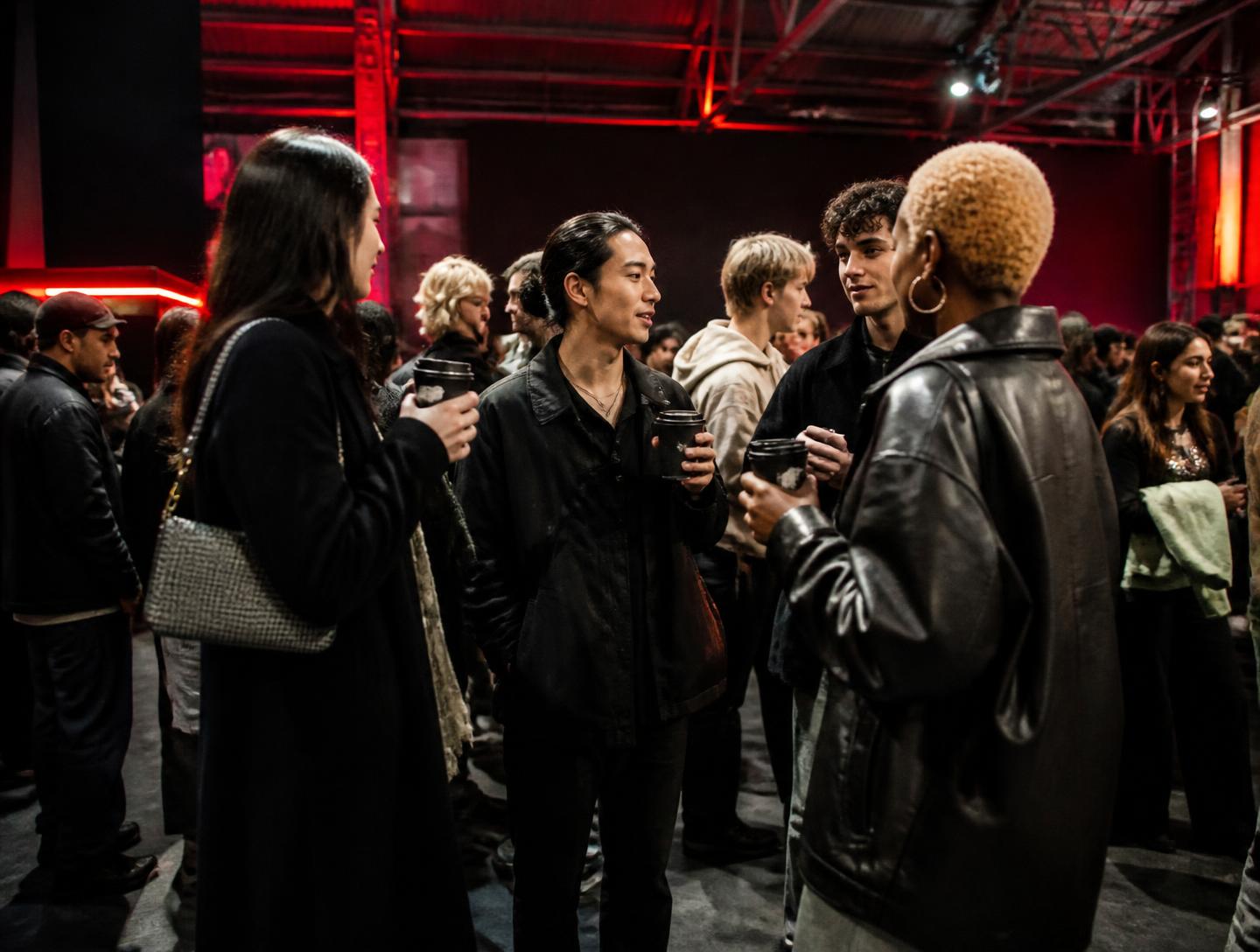Crowd moving through an industrial exhibition hall
